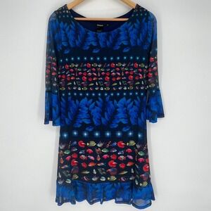 Desigual Womens Dress Sz M Mesh Tropical Fish Bell Sleeve Knee Length Blue Lined